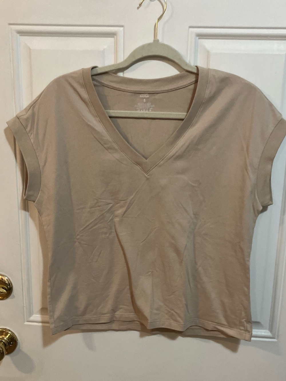 EasyGala V Neck Boxy Cap Sleeve Tee Shirt Tan Size S